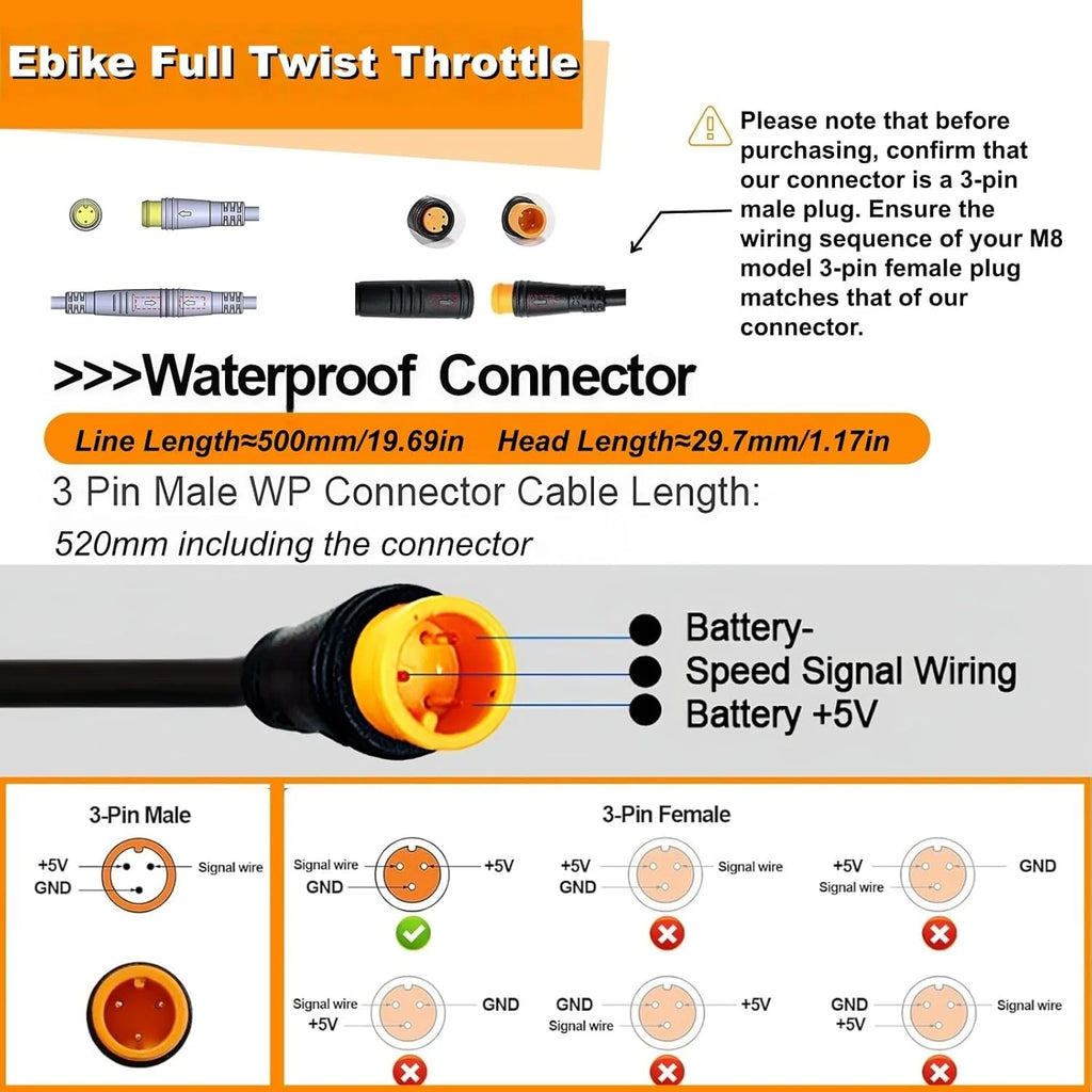 Ebike Full Twist Throttle for Macfox 3 Pin Surron Style Throttle Grip Kit 12V-72V